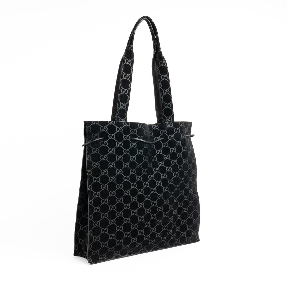 Gucci 97 suede GG Monogram Drawstring Tote Bag - St. Luxe