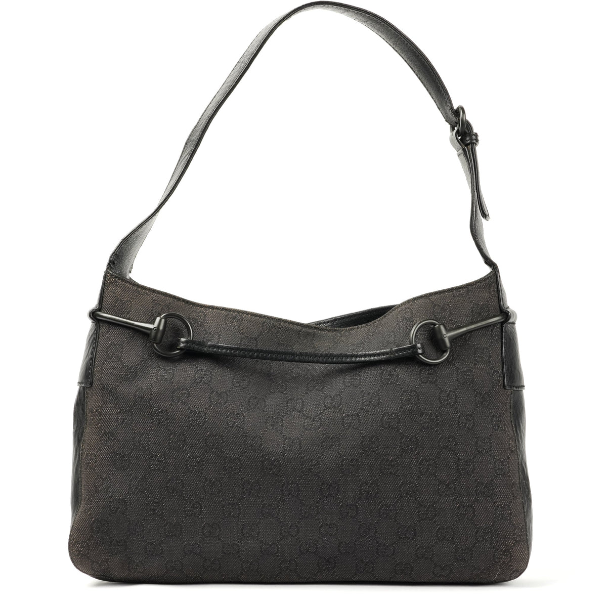 Gucci Horsebit Shoulder Bag - Black GG Monogram with Leather Trim - St. Luxe