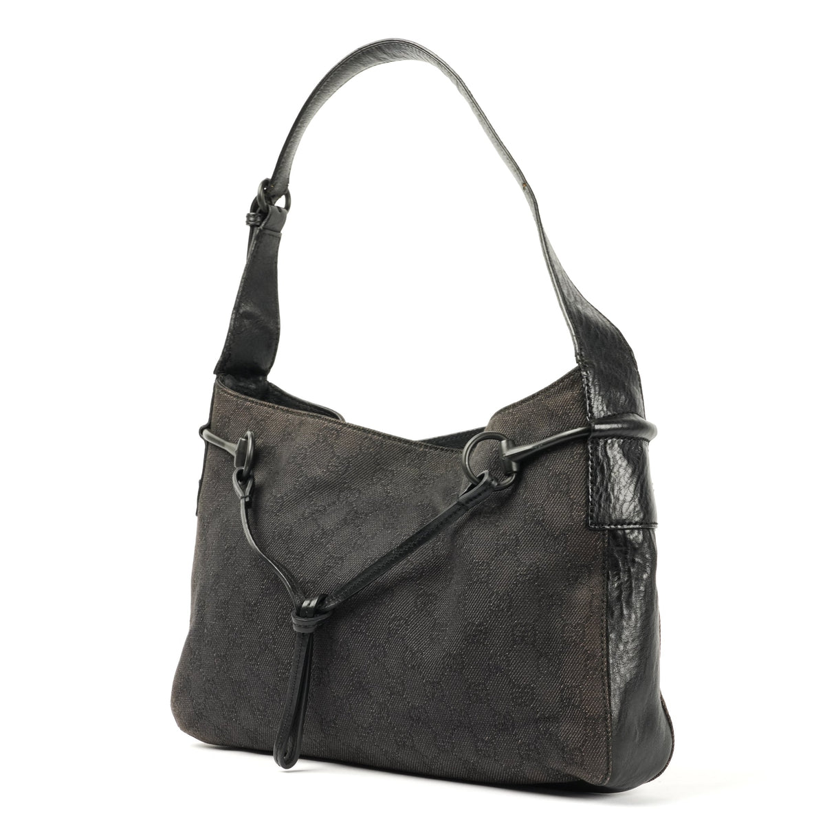 Gucci Horsebit Shoulder Bag - Black GG Monogram with Leather Trim - St. Luxe