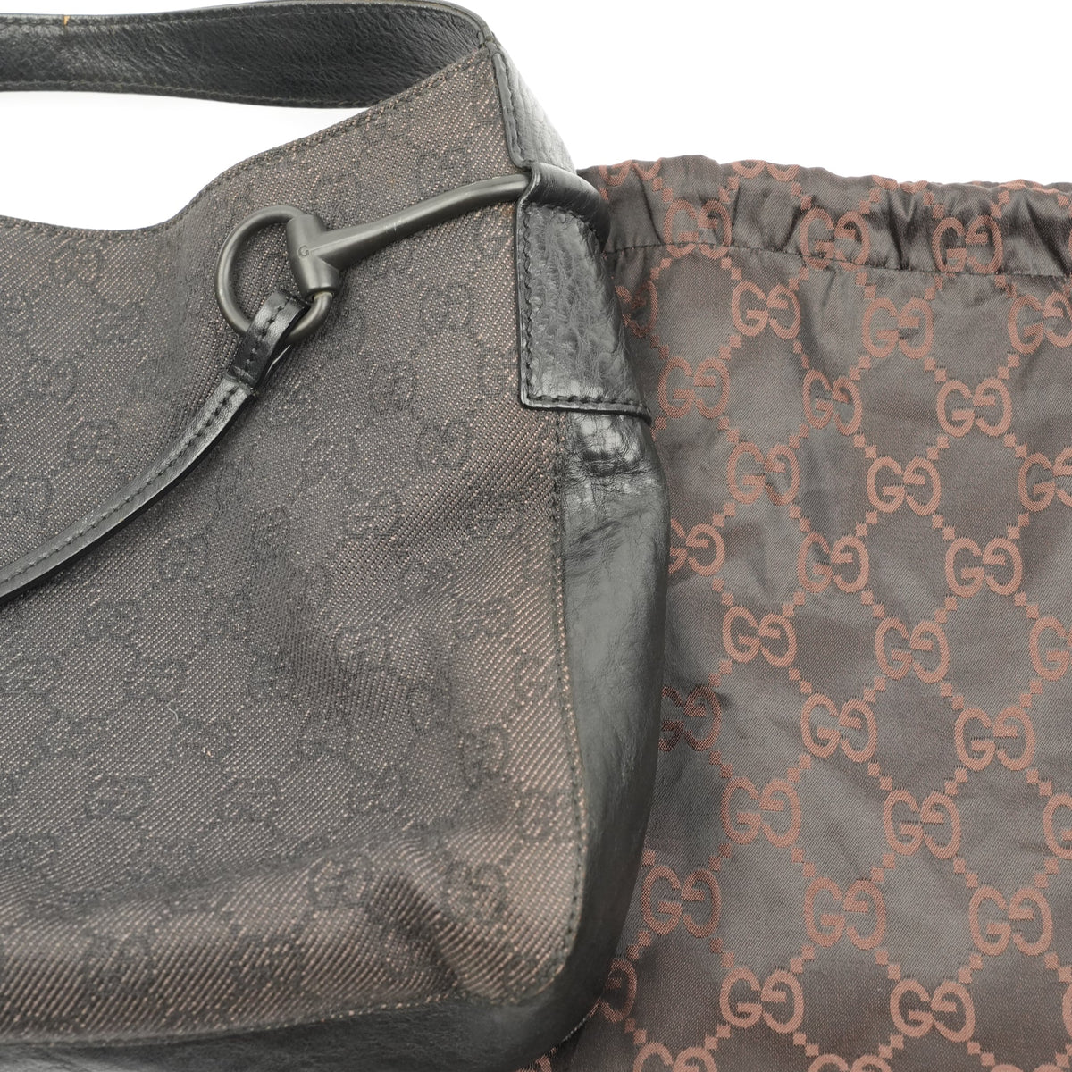 Gucci Horsebit Shoulder Bag - Black GG Monogram with Leather Trim - St. Luxe