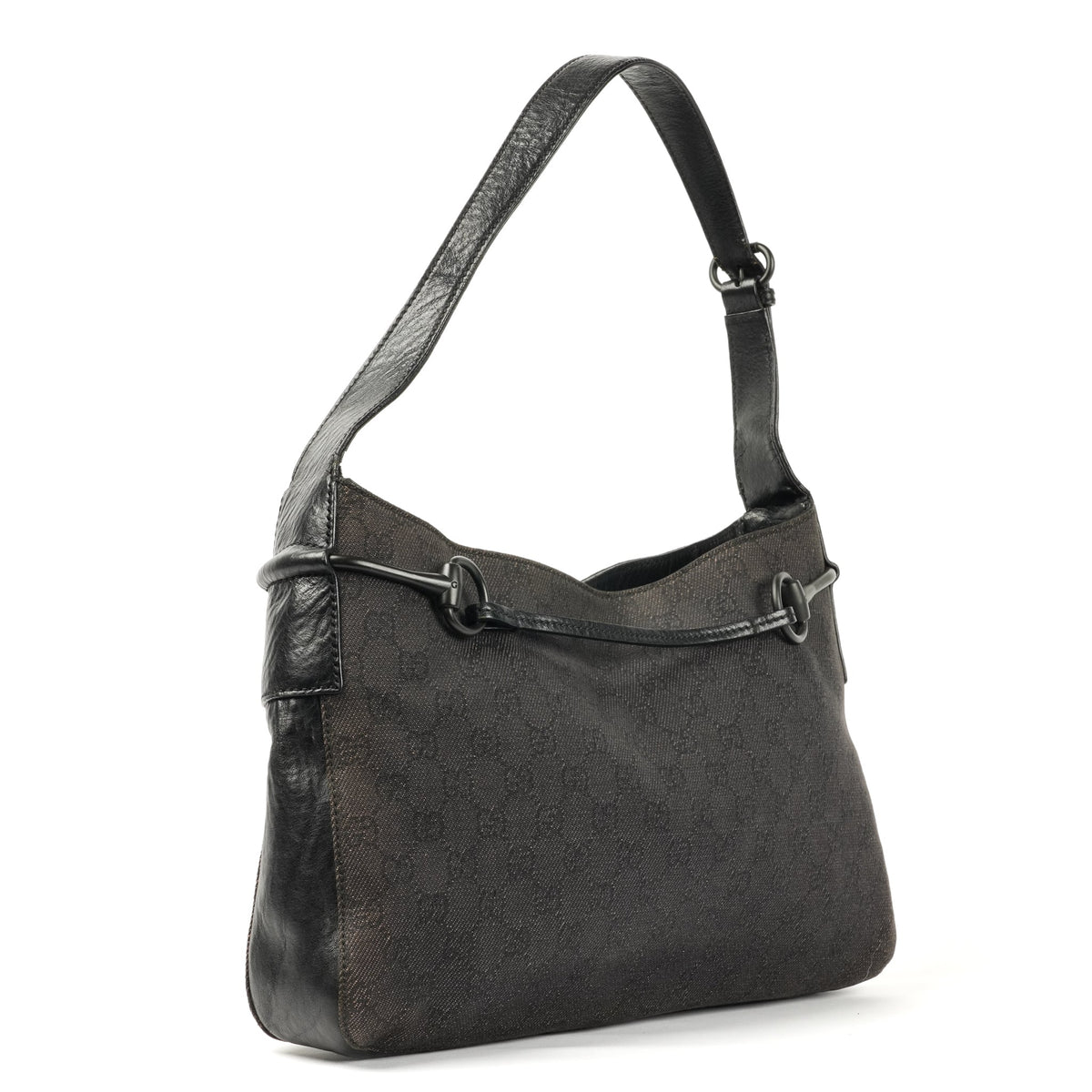 Gucci Horsebit Shoulder Bag - Black GG Monogram with Leather Trim - St. Luxe