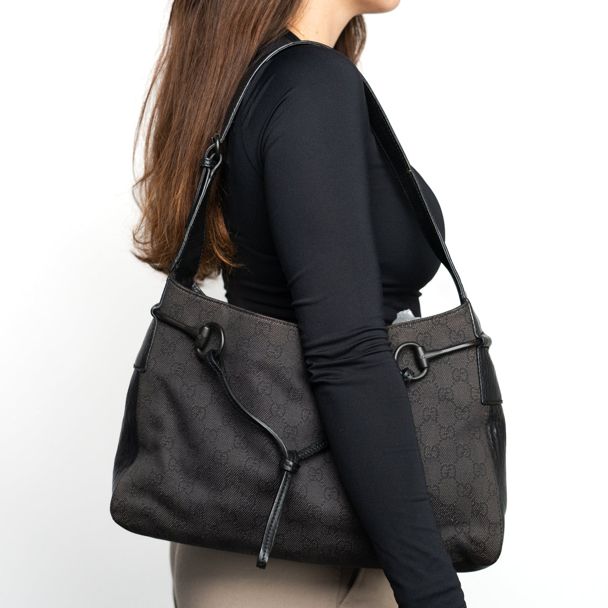 Gucci Horsebit Shoulder Bag - Black GG Monogram with Leather Trim - St. Luxe