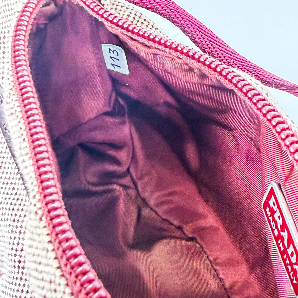 Prada Beige & Burgundy Canvas Mini Pochette Bag - Saint Luxe