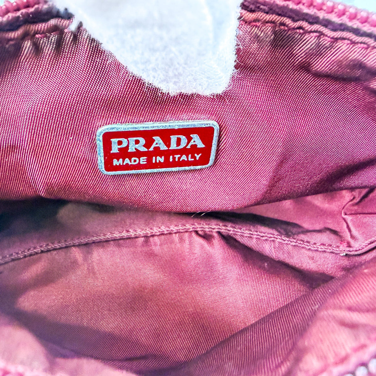 Prada Beige & Burgundy Canvas Mini Pochette Bag - Saint Luxe