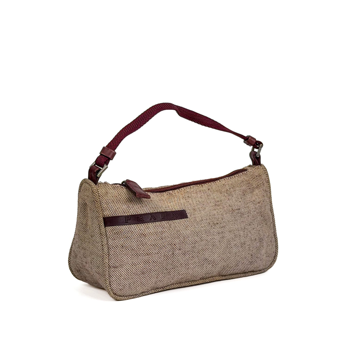 Prada Beige & Burgundy Canvas Mini Pochette Bag - Saint Luxe