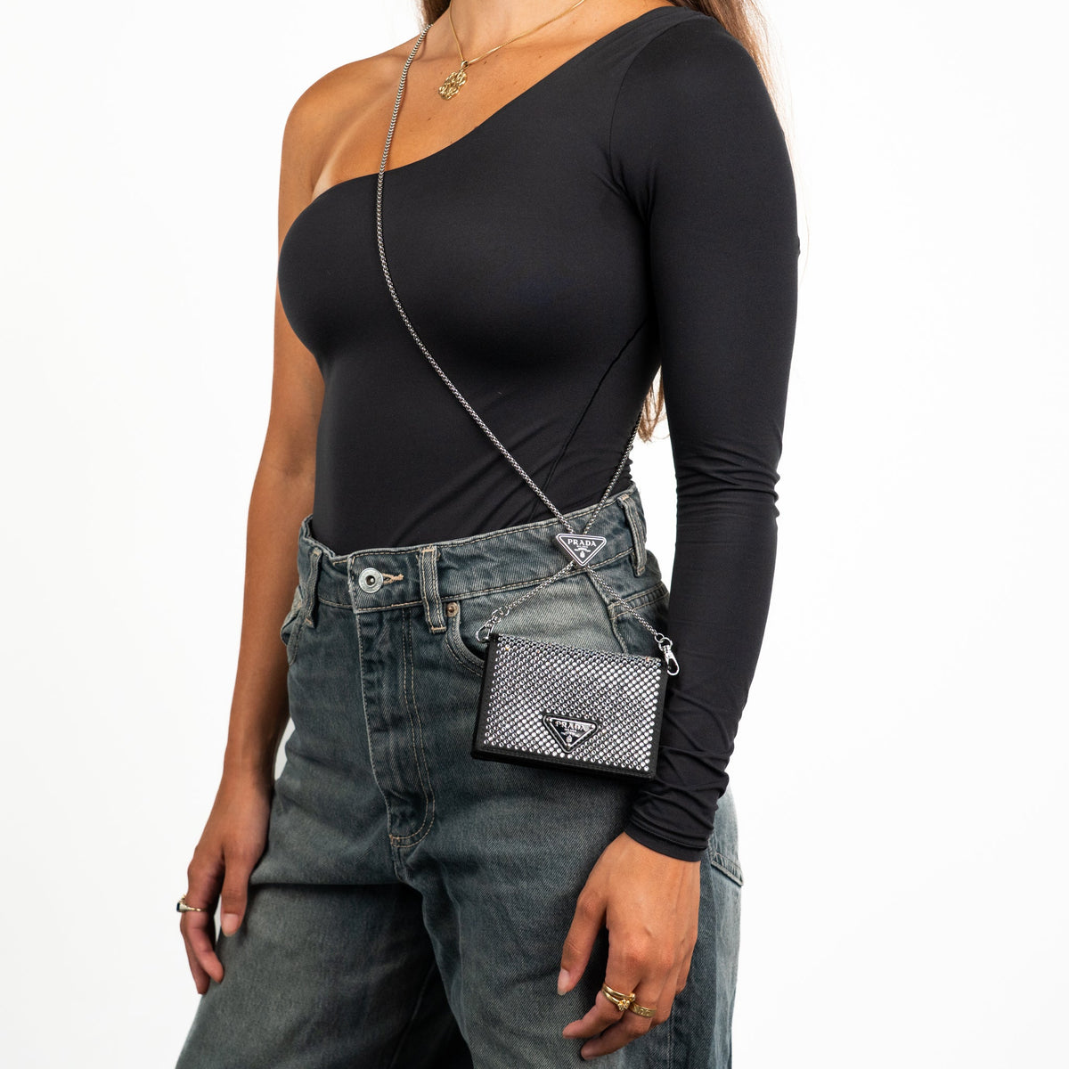 Prada Crystal Leather Chain Card Holder - St. Luxe